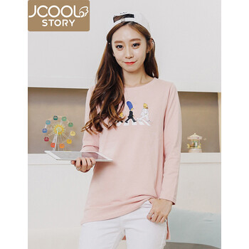 jcoolstory韩国2016春装卡通长款韩版长袖T恤女打底衫 粉色 均码