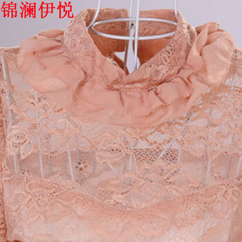 
                                        锦澜伊悦2016春秋季新款女上衣 性感V领百搭蕾丝钩花修身显瘦打底衫潮 豆绿1513 XL                
