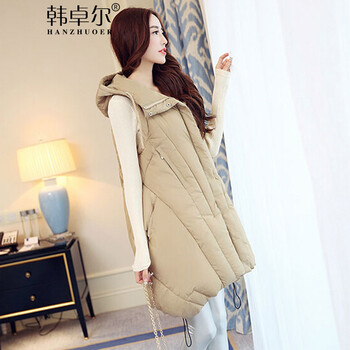 韩卓尔 2015秋冬新品女装加厚连帽长款马甲棉服外套X3066 卡其 2XL