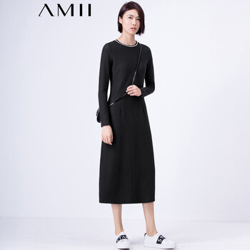 Amii[极简主义]2016新品百搭撞色圆领修身长款连衣裙女11581541 黑色 M