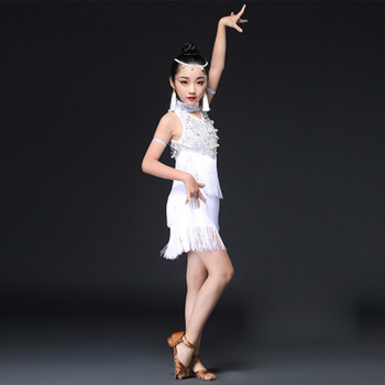 莱辛格 儿童拉丁舞裙女孩童演出服少儿夏季表演练功服拉丁舞服装 白色