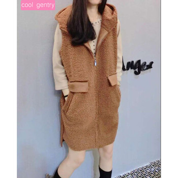 Cool Gentry2016宽松显瘦时尚纯色中长款羊羔毛绒连帽背心外套潮流百搭无袖马甲 黑色 L 胸围100cm
