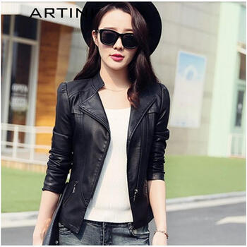 ARTINI2015小皮衣女短款修身pu机车夹克春装欧洲站西装外套上衣 黑色 L