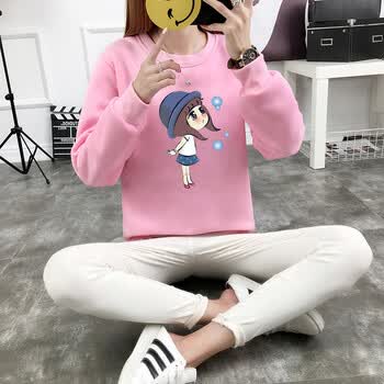 秋冬保暖内衣女学生单件上衣长袖加绒打底衫外穿秋衣加厚卫衣t恤 浅粉
