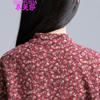 乔芙莎（QIAOFUSHA）2015秋冬加绒加厚立领衬衣中长款长袖棉麻衬衫外套上衣 酒红色 M