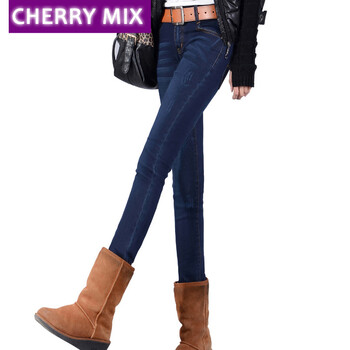 
                                        cherry mix 冬季修身中腰显瘦加绒牛仔裤女弹力小脚铅笔裤长裤靴裤女9003 深蓝色9003-3 29码                