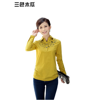 三色木瓜 春秋季女装长袖衬衫女装 妈妈装女长袖衬衫时尚韩版大码显瘦胖妹妹衬衫外套J9025 黄色 L