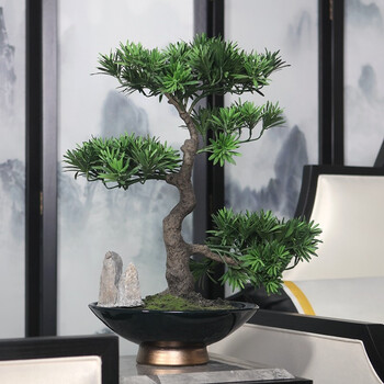 美日欧 新中式仿真绿植罗汉松盆景花艺摆件别墅酒店样板房客厅玄关
