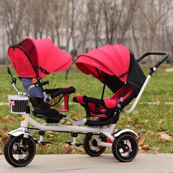 双人车儿童儿童三轮车双胞胎推车双人三轮手推车脚踏车旋转可躺可坐ql