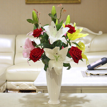 摆件家居装饰花瓶插花花艺假花盆栽 3支百合 3支红玫瑰 波西米兰花瓶