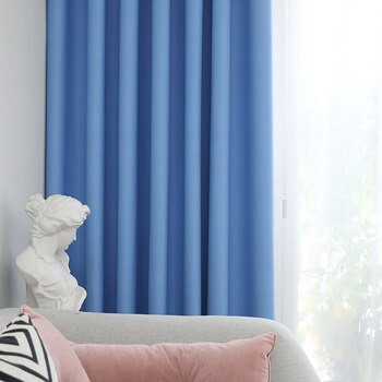 现代遮阳隔热纯色窗帘布客厅卧室阳台落地飘窗全遮光窗帘成品 蓝色-95