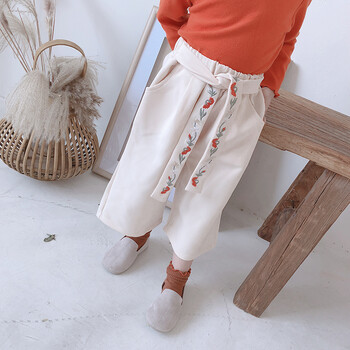 女童秋冬复古刺绣腰带阔腿裤儿童直筒裤九分裤休闲裤长裤 杏色 73cm