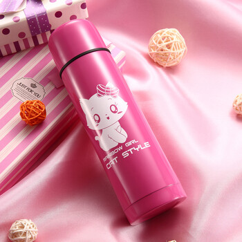 可爱萌猫儿童保温杯 小学生不锈钢真空保温杯 女童儿童水杯 玫红色