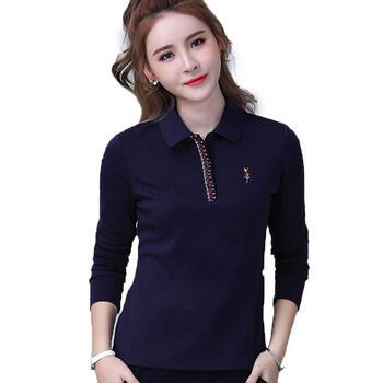 幂范西翻领秋季长袖t恤女2018新款女上衣宽松大码女士有领polo衫 宝蓝