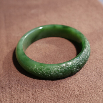 【百年好合】和田玉老坑碧玉阳绿孔雀雕花手镯女镯玉镯子内径58mm