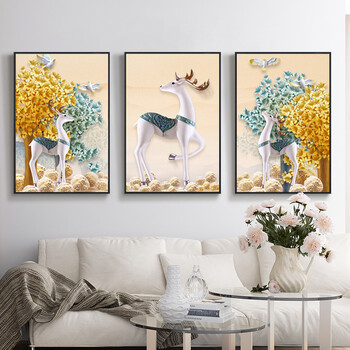 装饰画客厅北欧发财鹿三联画卧室现代简约沙发背景墙挂画酒店壁画