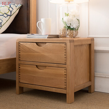 纯实木床头柜 白橡木两抽床头柜边柜北欧原木简约现代卧室家具 胡桃色