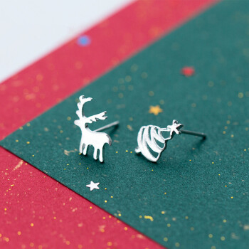 美芙尼 S925银耳钉女 韩国个性可爱拉丝圣诞树麋鹿不对称耳环圣诞节耳饰品礼物 圣诞树麋鹿不对称 一对