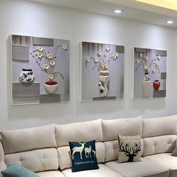 浮雕皮画三联客厅装饰画沙发背景墙挂画手工艺品 清新色三联 60*60