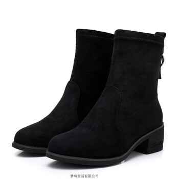 2018秋冬百搭粗跟短靴绒面圆头裸靴弹力靴马丁靴女京东自营官方旗舰店