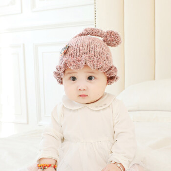 多拉麦格婴儿帽子冬天新生儿保暖毛线帽0-10个月女宝宝花边公主帽加厚胎帽 粉色小尾巴 约0-10个月 头围36-45cm