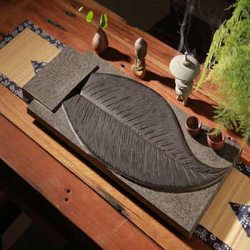 名匠堂 创意荷叶石茶盘整块原石雕刻石茶台 功夫茶具茶盘 一叶知秋80*