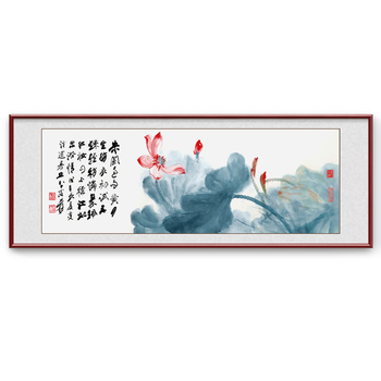 中式荷花装饰画张大千国画横幅挂画客厅沙发背景墙画带框水墨字画 c款