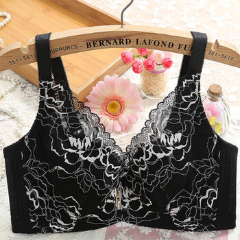 性感蕾丝大码全罩杯款文胸罩大胸显小防下垂胖mm女薄内衣 黑色 75c