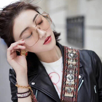 款韩版大框大脸太阳镜圆脸显瘦防紫外线眼镜 景甜同款无框浅茶镜片