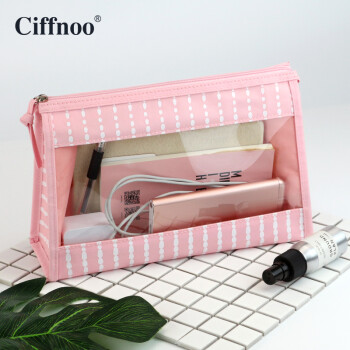 琪斐诺（Ciffnoo） 便携化妆包马卡龙色系梨花包条纹包中包透明防水化妆品收纳包 粉红色