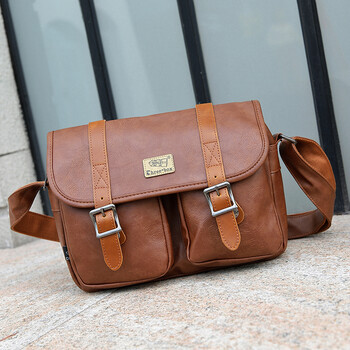 日韩时尚男士挎包休闲斜挎包潮流休闲公文包单肩包皮邮差包挎肩包 浅