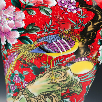 德胤 景德镇陶瓷器 高档中式珐琅彩瓷花瓶花插 古典落地客厅摆件 中国红鱼尾对瓶 红色鱼尾瓶