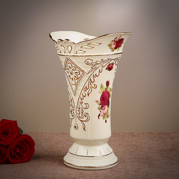 美瓷工坊欧式宫廷手绘金边陶瓷花瓶新古典手工镂空干花绢花插花器可养