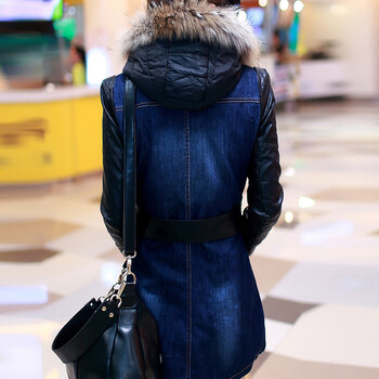 蓝魅彩 毛领风衣加绒中长款拉链牛仔外套女修身加厚棉衣外套女 学生冬天保暖外套 黑色 S