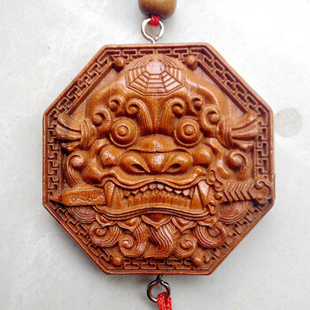 钛捷摩 桃木兽首摆件 桃木虎头兽头八卦镜咬剑挂件 家居住宅摆件 特大