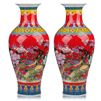 德胤 景德镇陶瓷器 高档中式珐琅彩瓷花瓶花插 古典落地客厅摆件 中国红鱼尾对瓶 红色鱼尾瓶