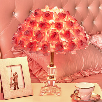 水晶灯欧式卧室床头台灯温馨玫瑰花创意婚庆婚房结婚礼物台灯 粉色
