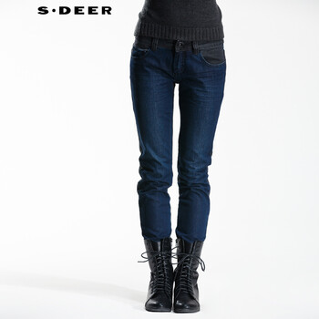 圣迪奥 sdeer  2014冬装新款女正反蓝灰拼接牛仔裤S12480824 炭黑蓝 M