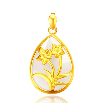 吻饰 金镶玉和田玉吊坠足金兰花饰品黄金项链女 带证书