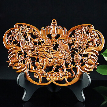 装饰 影视墙东阳木雕 实木雕刻装饰画 办公室摆件 龙凤麒麟27*17cm