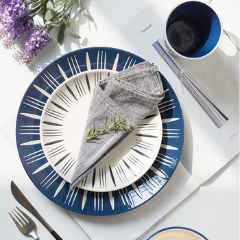 简约蓝白条纹陶瓷餐具陶瓷碗盘碟家用餐具 三件套