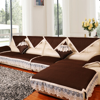 真防滑坐垫布艺夏季简约现代组合沙发套罩定做咖啡色7080cm18cm花边