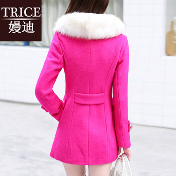 trice2015秋冬装新款时尚白毛领修身毛呢外套女中长款韩版毛呢大衣女 HYYF889 玫红色 L