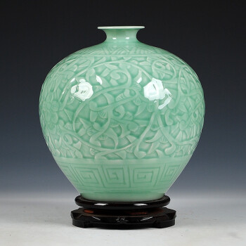 未卒家居 景德镇陶瓷器 手工影青釉雕刻浮雕石榴花瓶 家居装饰工艺品