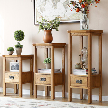 亚尚 花架 实木花架 花盆架 中式客厅地面多层带抽置物架原木电话桌