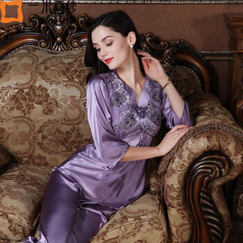 一米画纱睡衣女夏季短袖套装 仿真丝性感睡衣 休闲家居服 8806浅紫 xl
