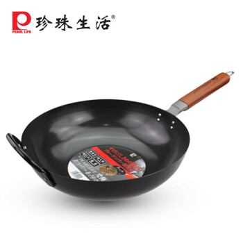 珍珠生活 GP-11双耳铁锅 加厚型光面锅/少油烟炒锅配套木锅盖
