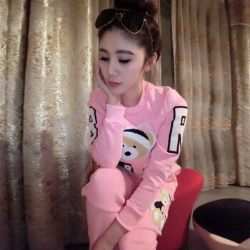 羽思迪 2015秋冬新款卫衣女加厚保暖可爱小熊套头小衫+个性休闲拉绒运动套装女 粉红色 均码