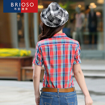 2015新款女装夏装短袖全纯棉格子大码百搭衬衫  20BS系列 2055BS XL