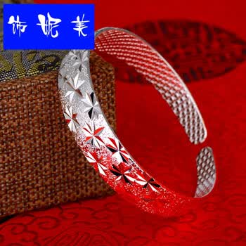 手镯 宽版开口车花满天星手镯女 手工车花手环 镯子首饰 银色